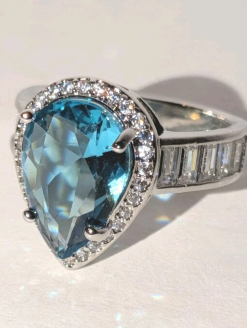 Shimmering 5ct Pear Cut Lab Created Blue Topaz Ring 14k White Gold Plated Sz 6